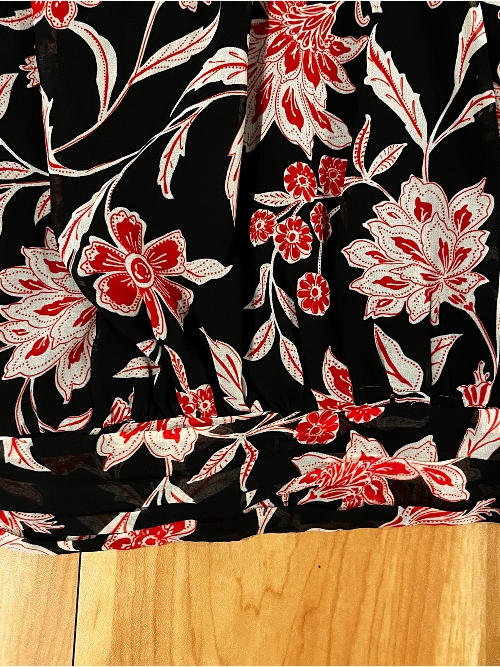 Ann Taylor Floral Blouse S Sheer Puff Sleeve Mock Neck Black Red - Picture 5 of 8